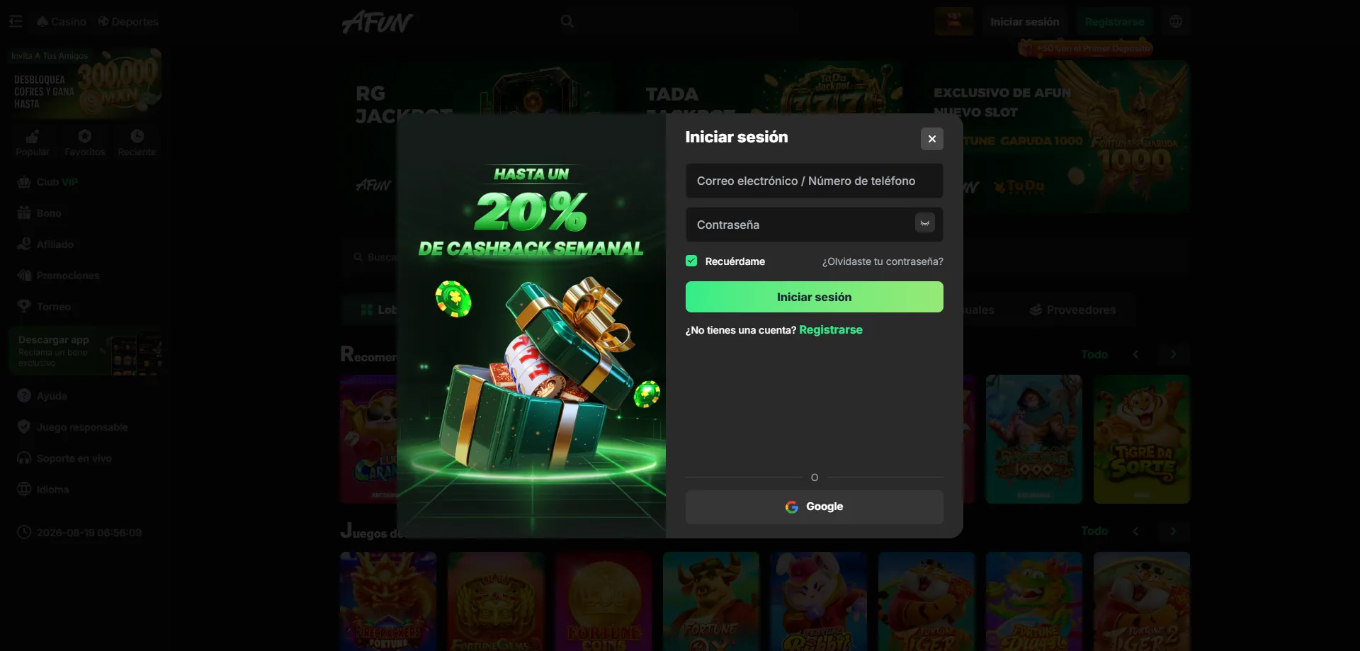 Inicio de sesión en AFUN Casino — acceso rápido a la cuenta
